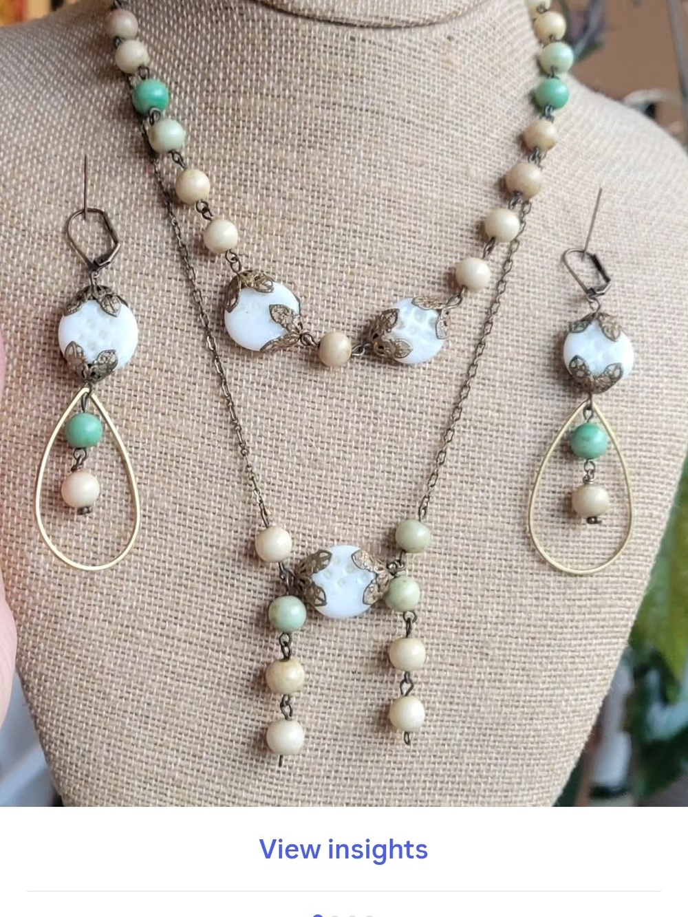3-pce Set Hand Crafted Green & Cream Beaded Layered Necklace/Matching Earrings